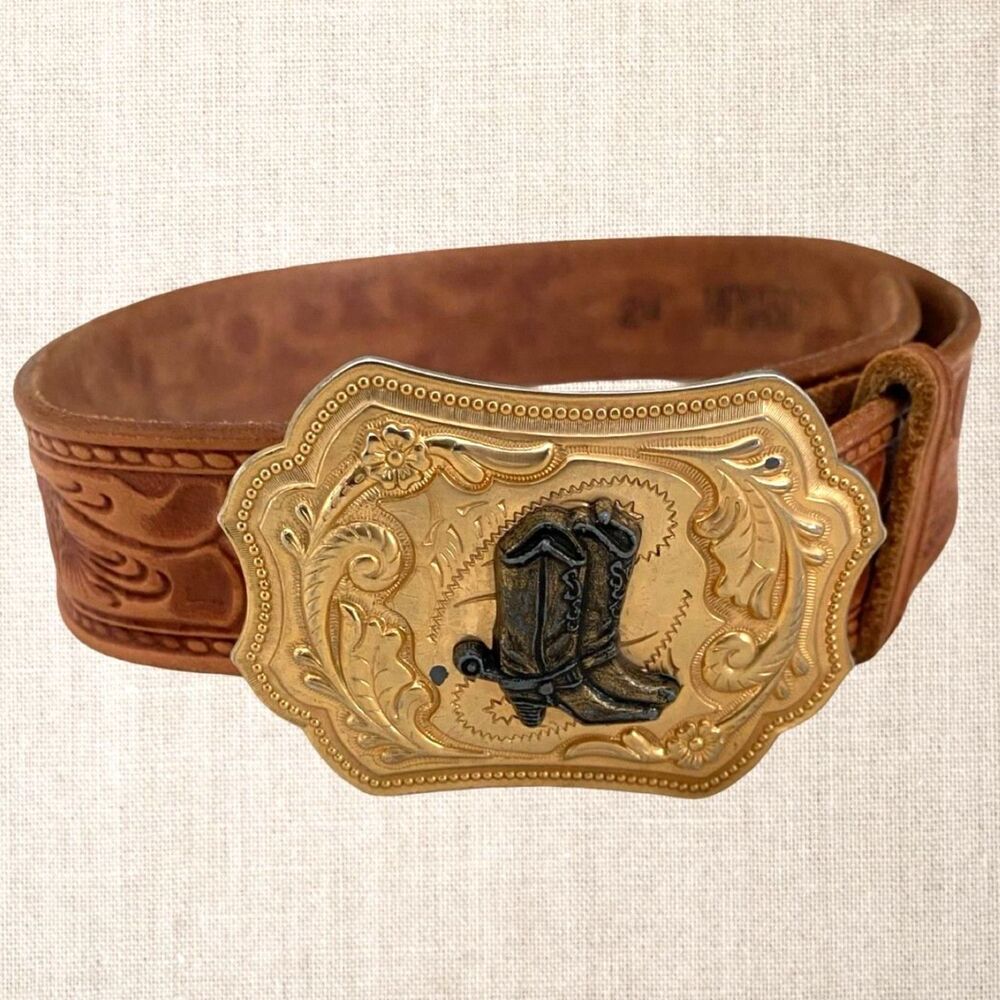 Vintage Menascos Western Leather Belt Size 24 Cowboy Boot Buckle Kids Tooled